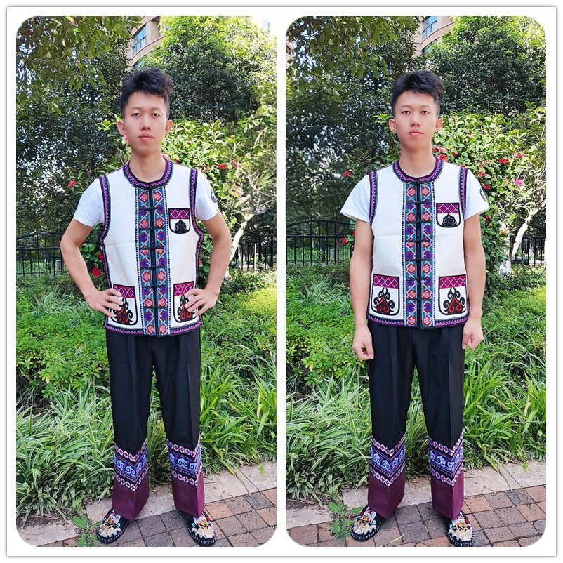 彝族土家族布依族男马甲土布黑花棉麻马夹马褂裤子套装新款男单裤