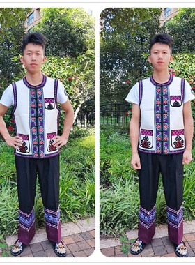 滇七彩土布黑花棉麻马甲新男单裤