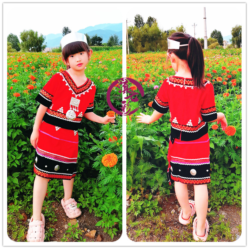 滇七彩女民族风佤族红色套装裹裙