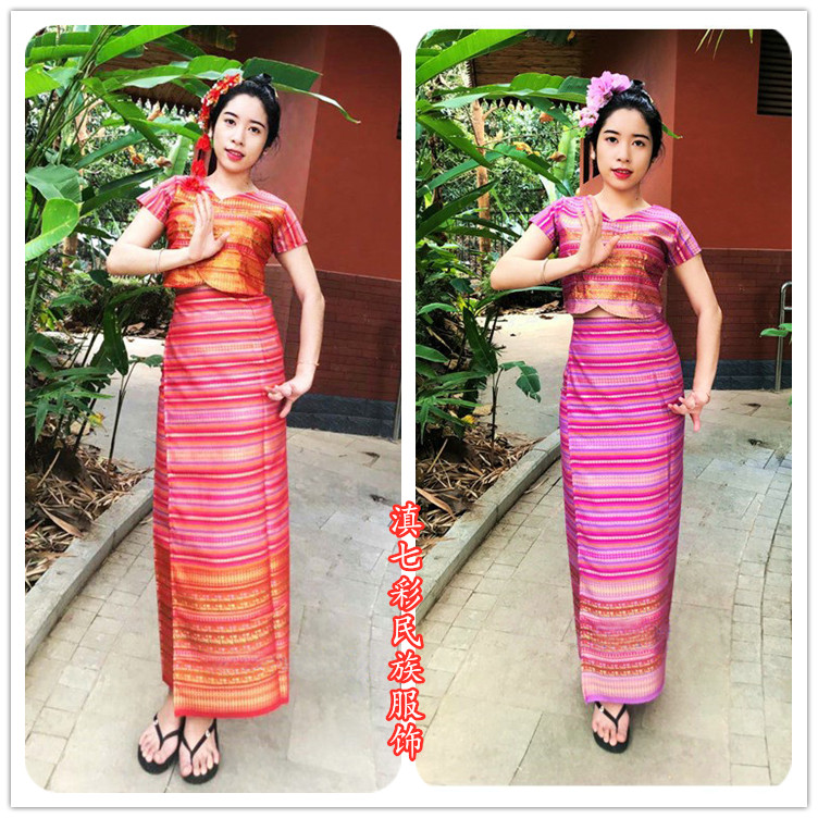 金丝傣族女装 短袖款细条纹裹裙片裙筒裙套装 西双版纳泼水节服装