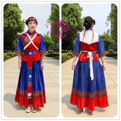 长裙花边纳西族女装红宝蓝色云南丽江纳西族五件套披星戴月含头饰