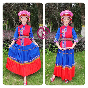 普米族摩梭族女装红蓝拼接色腰带长裙女装三件套少数民族服装套装