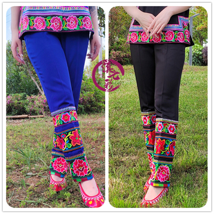 女士直筒裤 精品彝族绣花女裤 长裤 民族风生活装 黑色宝蓝 峨山女单裤