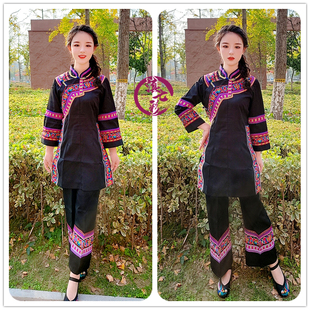 新款彝族绣花女装黑色中长衫裤子套装云南拉祜族服饰中长款民族服