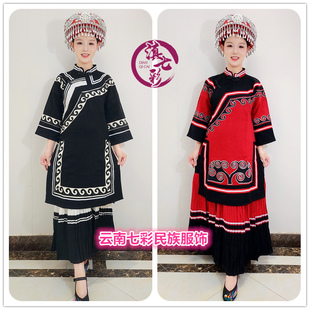 精品酒红色棉麻彝族套装云南丽江凉山彝族长衣长裙女盛装厚棉麻料