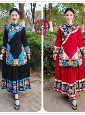 精品绣花棉麻丹青花女装红色黑色高档民族服装长衣长裙女套装手工