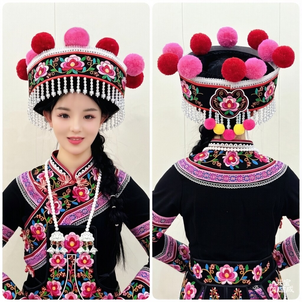 云南楚雄彝族绣花女帽毛球须须圆盘帽子左脚舞全包帽半包绣花头饰