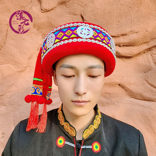 儿童成人新款毛球须须男帽圆盘空顶帽布依族民族男童帽子黑红蓝色