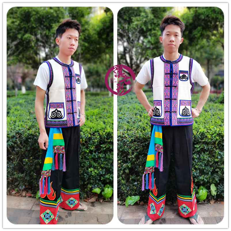 精品彝族男装牛头绣花马夹火把裤套装帆布三弦马甲滇七彩民族服饰