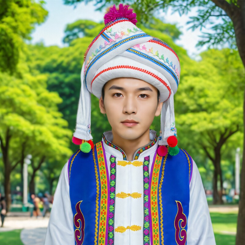 云南少数民族帽子新款白族男帽白族男款头饰葫芦丝演出帽服饰配件