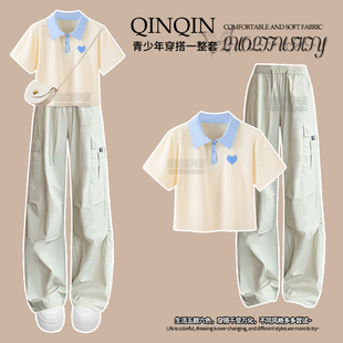 女童夏季工装裤套装2025新款中大童Polo短袖T恤初中生夏装阔腿裤