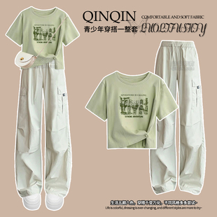 女童夏季工装裤套装2025新款中大童正肩短袖T恤初中生夏装阔腿裤