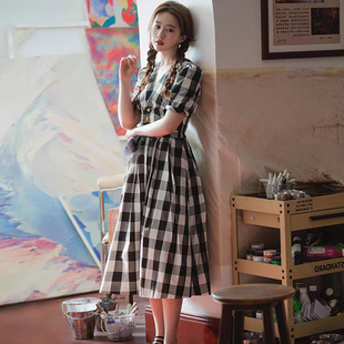 玫瑰的故事黄亦玫刘亦菲同款两件套装气质黑白格子V领短袖连衣裙