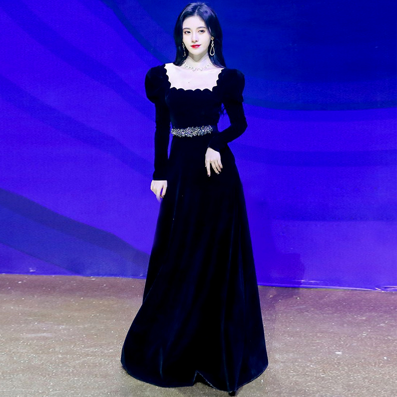 鞠婧祎同款礼服丝绒黑色钉珠长裙