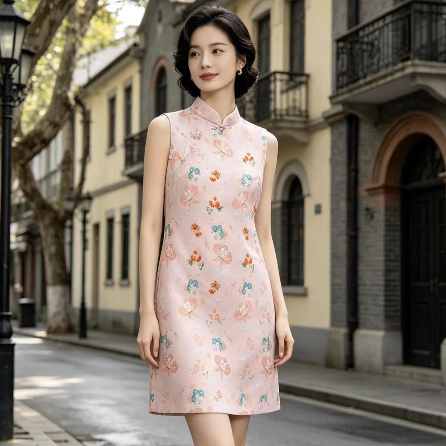 新中式国风粉色气质改良旗袍高质感提花立领连衣裙女秋无袖背心裙