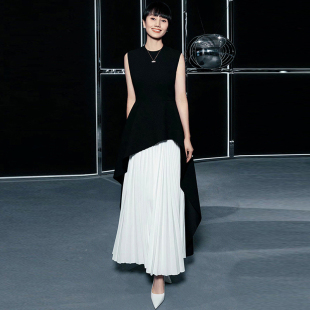 袁泉明星同款高级感礼服黑白色大摆长裙子气质优雅无袖背心连衣裙