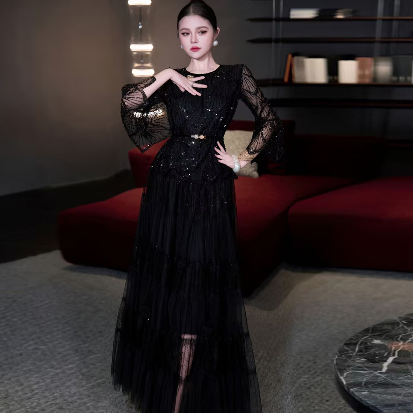 2026春夏新款重工钉珠圆领蕾丝长袖喇叭袖收腰网纱蛋糕裙摆连衣裙,女装/女士精品,连衣裙,淘宝优惠券,粉丝福利购,淘宝优惠卷
