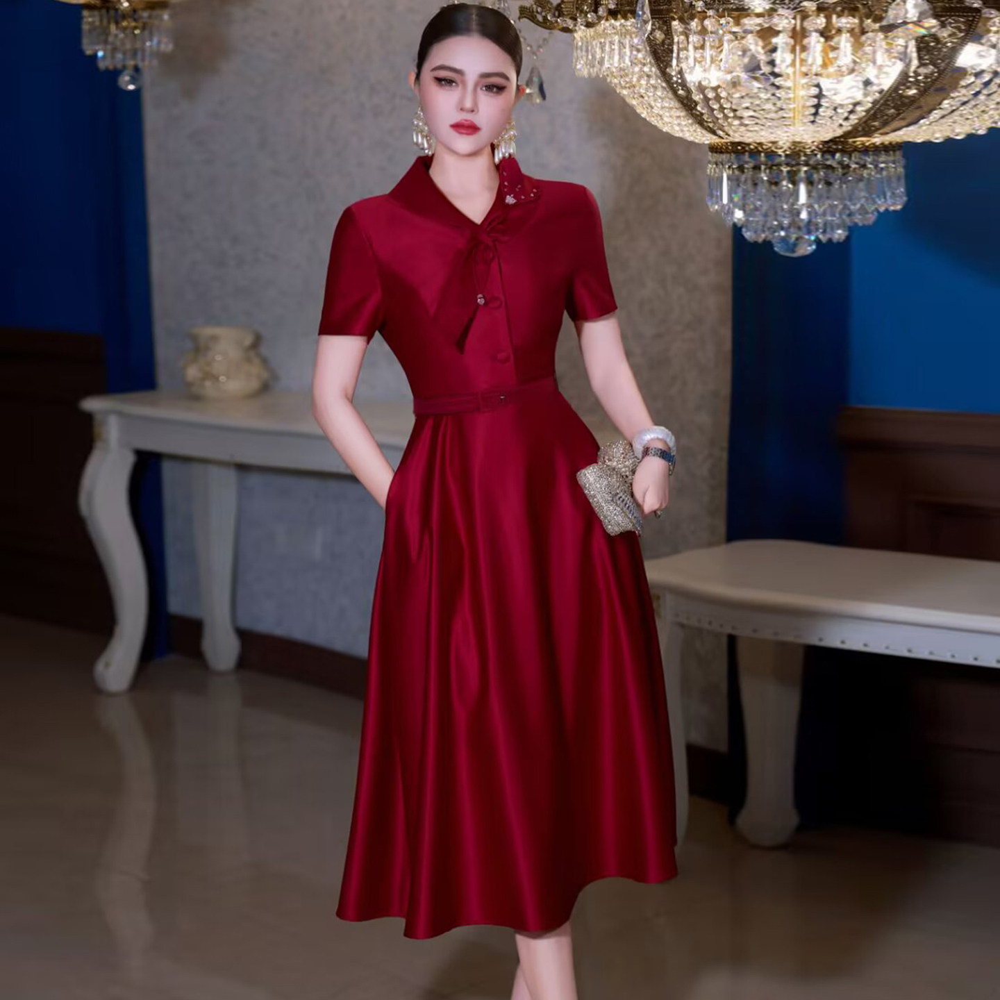 酒红色气质连衣裙2026春夏艺考法式礼服约会小裙子夏收腰显瘦长裙