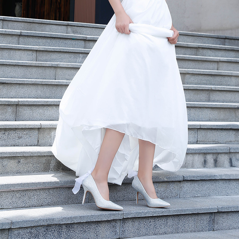 2018新款婚鞋银色尖头细跟高跟鞋宴会礼服女鞋水晶水钻伴娘新娘鞋