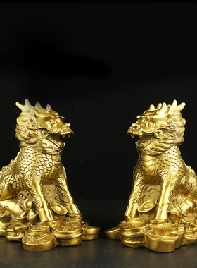 黄铜护宝麒麟摆件一对铜麒麟家居办公室饰品摆投工艺品桌面礼品纯