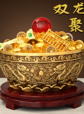 实心铜聚宝盆摆件双龙店铺客厅
