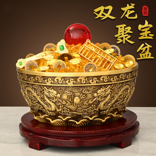 黄铜双龙聚宝盆摆件沈万三实心加厚招聚家用财客厅聚办公室装饰品