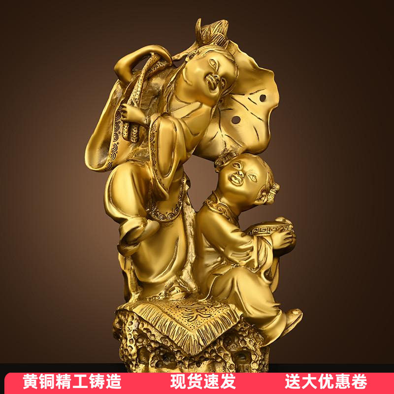 纯黄铜和合二圣摆件家居装饰礼品