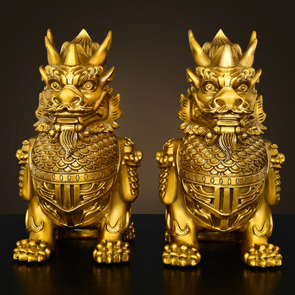 纯黄铜铠甲麒麟摆件一对将军麒麟家居办公装饰桌面工艺品祥瑞神兽