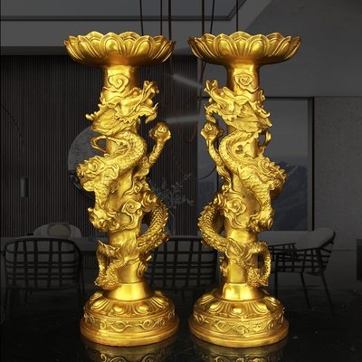 铜烛台摆件黄铜双龙烛台大号家用供佛中式复古莲花插蜡蜡烛烛台