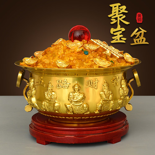 纯黄铜五路财神聚宝盆招財摆件