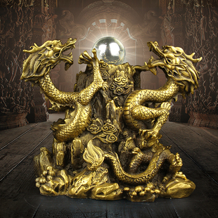 铜双龙戏珠摆件二龙戏珠铜双龙工艺品铜龙金属家居装饰招龙财黄铜
