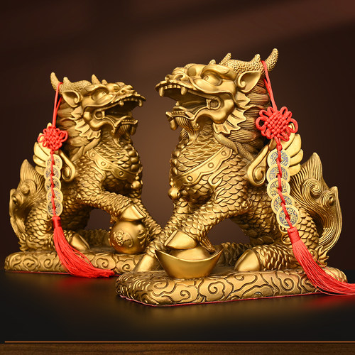 纯黄铜麒麟摆件一对客厅公司店铺