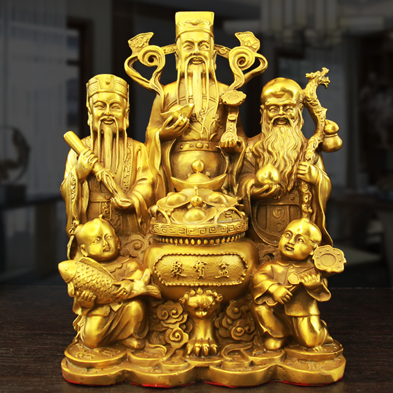 黄铜福禄寿三星聚宝盆财神摆件