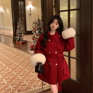 25年新款韩系千金围脖双面羊绒大衣袖口毛斗篷毛呢外套女腰带冬装
