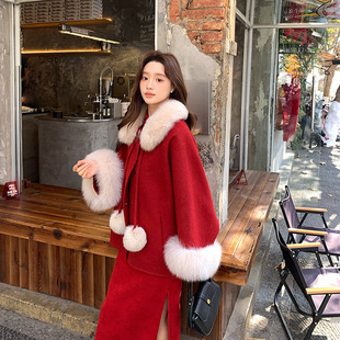 新年红色狐狸毛领斗篷羊毛大衣女小个子双面呢子订婚结婚新娘大衣