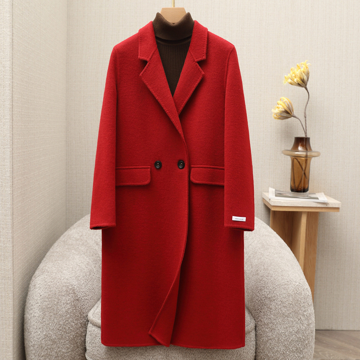 红色双面羊毛大衣女中长款2025秋冬新款宽松气质高端毛呢子外套女