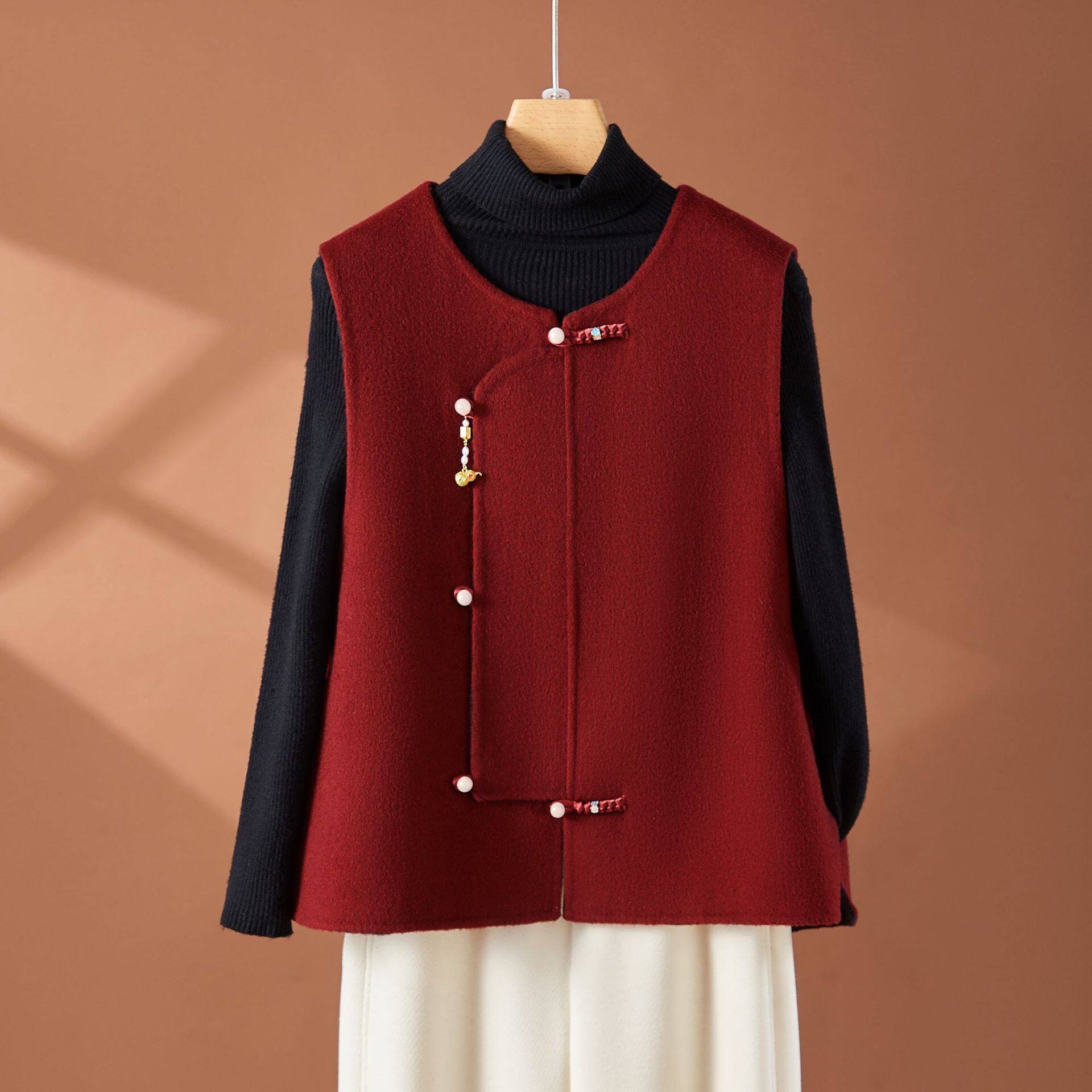2026红色新中式国风双面呢马甲夹短款女新款羊毛呢外套羊绒背心