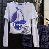 2024早秋印染水果T恤套装 学院范复古