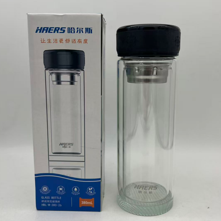 哈尔斯双层玻璃杯家用喝水杯泡茶杯耐高温玻璃水杯加厚水杯380mL