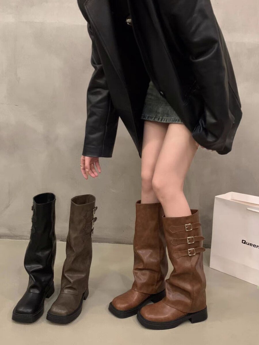 두꺼운 밑창 복고풍 바지 긴 기사 부츠 여성 신발 2024 새로운 가을 겨울 갈색 파일 부츠 중반 종아리 롱 부츠