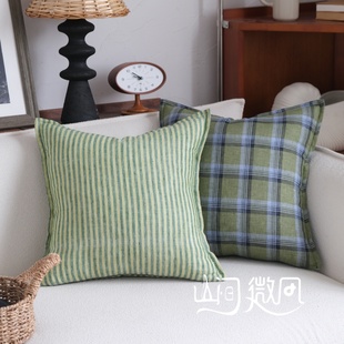 100%亚麻绿色中古风抱枕棉麻靠法式格子靠枕民宿软装床头靠垫腰枕