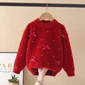 女童毛衣水貂绒冬装 2025新款 洋气儿童红色蝴蝶结上衣女孩针织打底