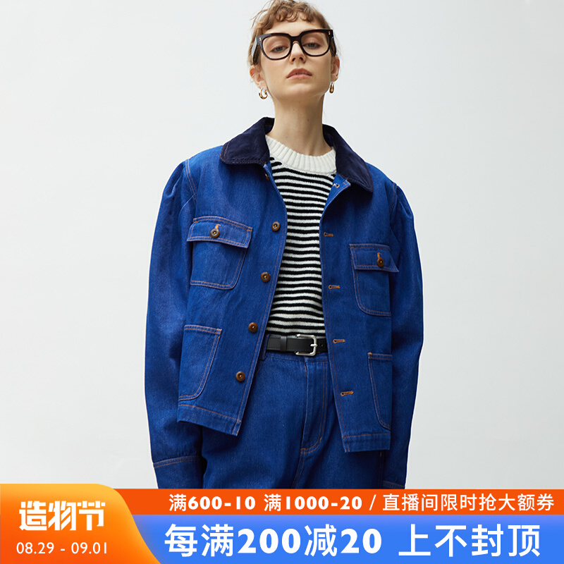 itoshiroshi demin沃达斯蓝复古经典翻领灯芯绒短款牛仔夹克外套
