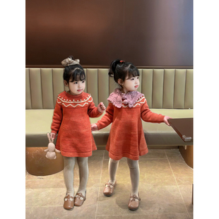 Miya MP圣诞新年棉羊毛连衣裙女童秋冬复古杂色肉桂色宝宝毛衣裙