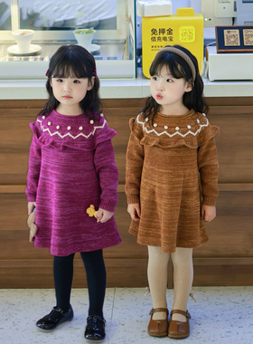 Miyababy MP经典夹花羊毛连衣裙女童秋冬新款手钩毛线花边针织裙