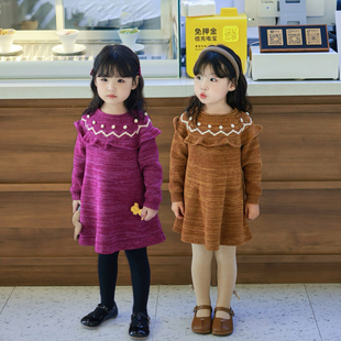 手钩毛线花边针织裙 夹花羊毛连衣裙女童秋冬新款 Miyababy MP经典