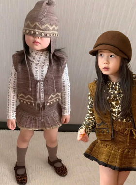 Miyababy MP经典手工球球马甲针织套装女童2025秋冬毛线背心裙裤