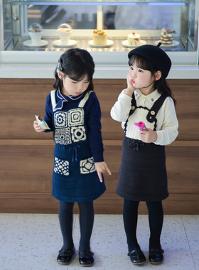 Miyababy MP手钩背带裙女童2025秋冬韩拼花针织连衣裙打底衫套装