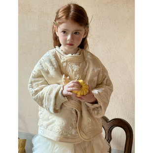 Miya 金丝绒外套女童冬季新款新中式蝴蝶结盘扣加厚印花短款棉服