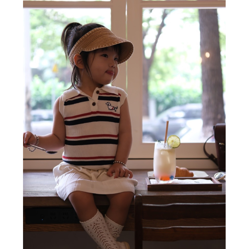 Miya条纹针织polo衫套装女童2025夏季学院风莱利丝无袖背心百褶裙